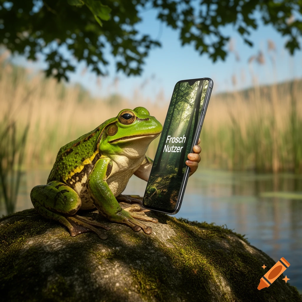 A photorealistic green frog sits on a mossy rock by a pond, holding a smartphone displaying 'Frosch Nutzer' on its screen.