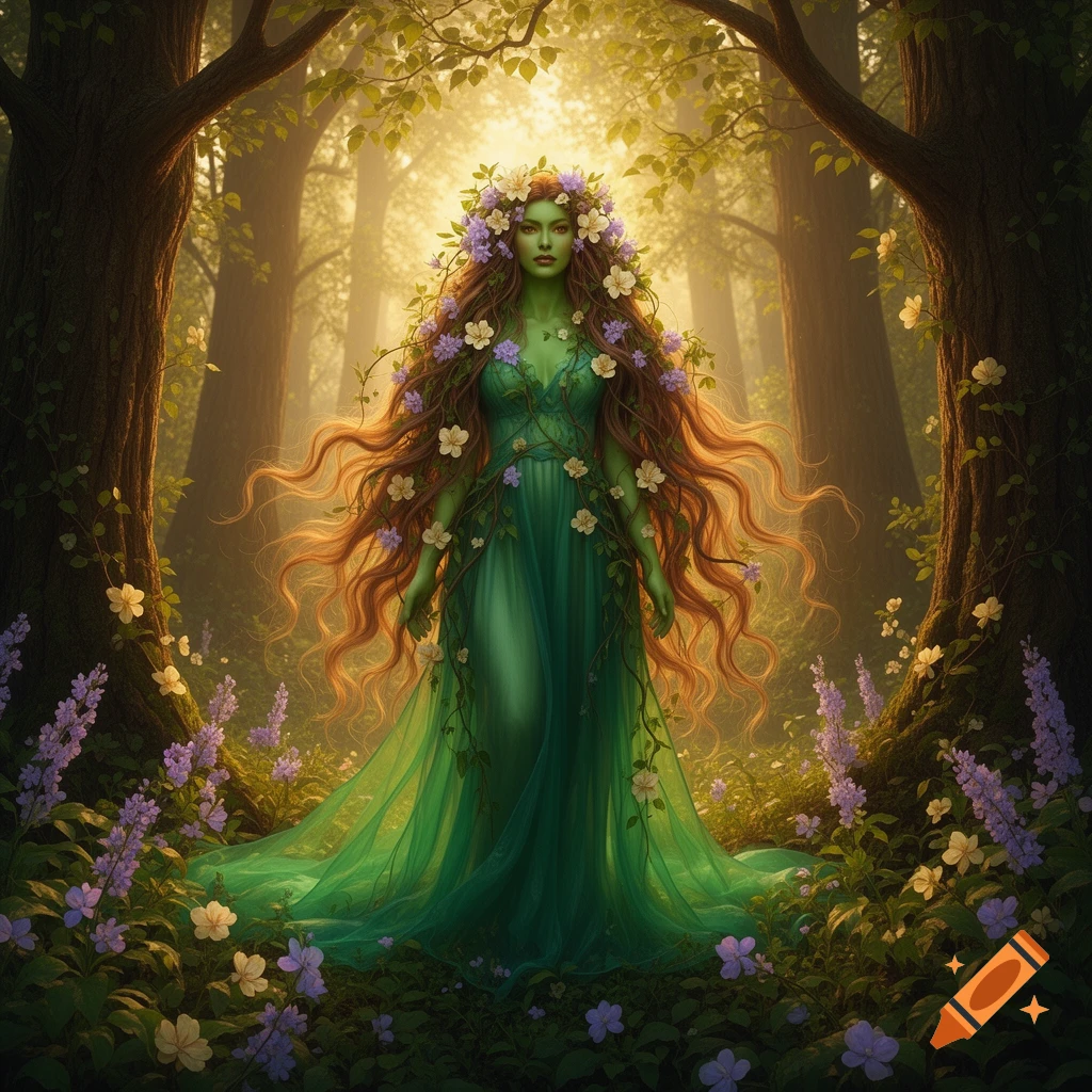 A woman with green skin, long flowing reddish-brown hair adorned with flowers, and a green gown stands in a sunlit fantasy forest.