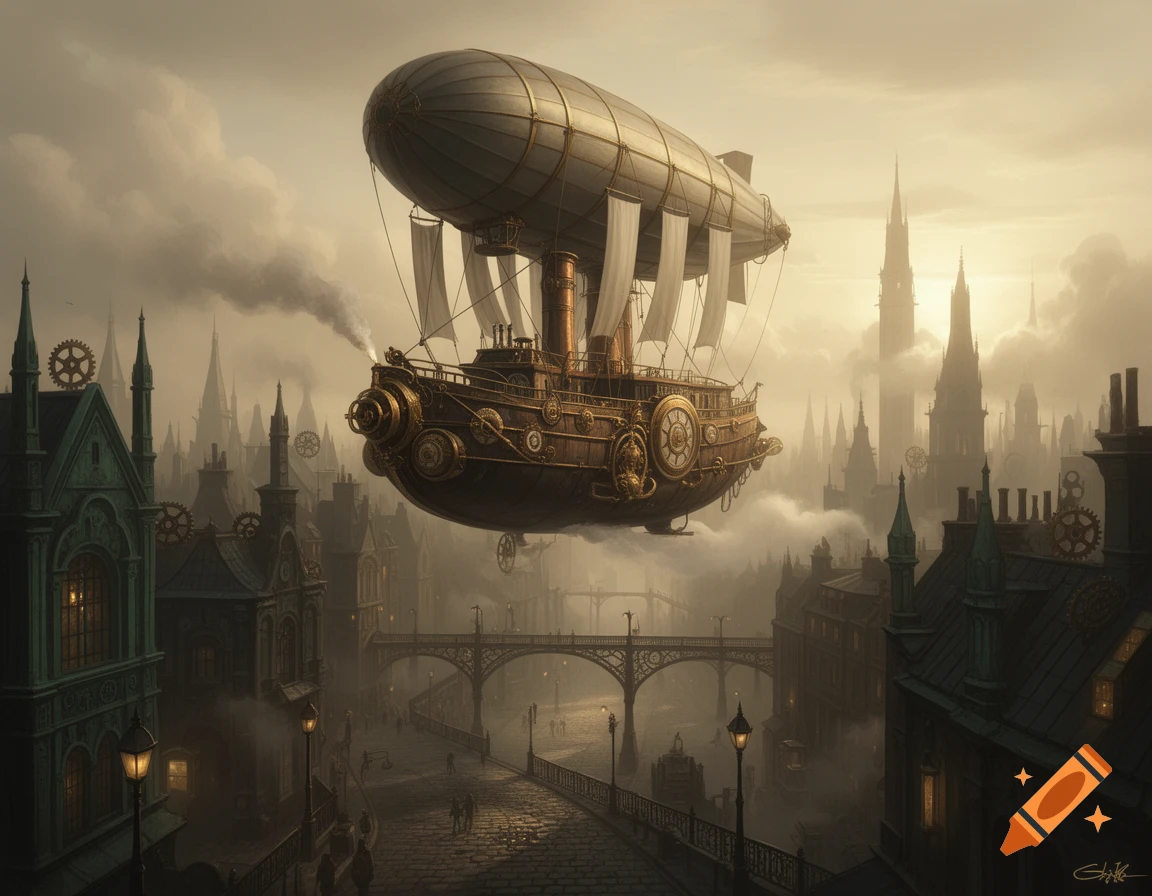 A large steampunk airship with multiple sails flies above a neo-Victorian city with tall spires and bridges, under a cloudy sky.