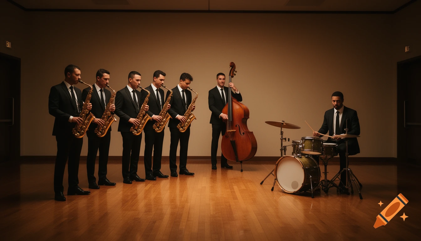 A 7-piece jazz band in black suits performs with saxophones, a double bass, and a drum kit in a dimly lit room with wooden floors.