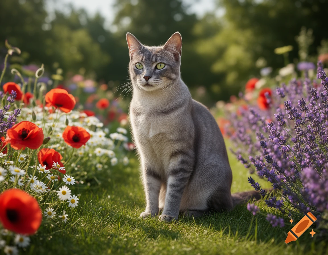 A photorealistic gray tabby cat sits alertly in a sunny flower garden, surrounded by red poppies, white daisies, and purple lavender.