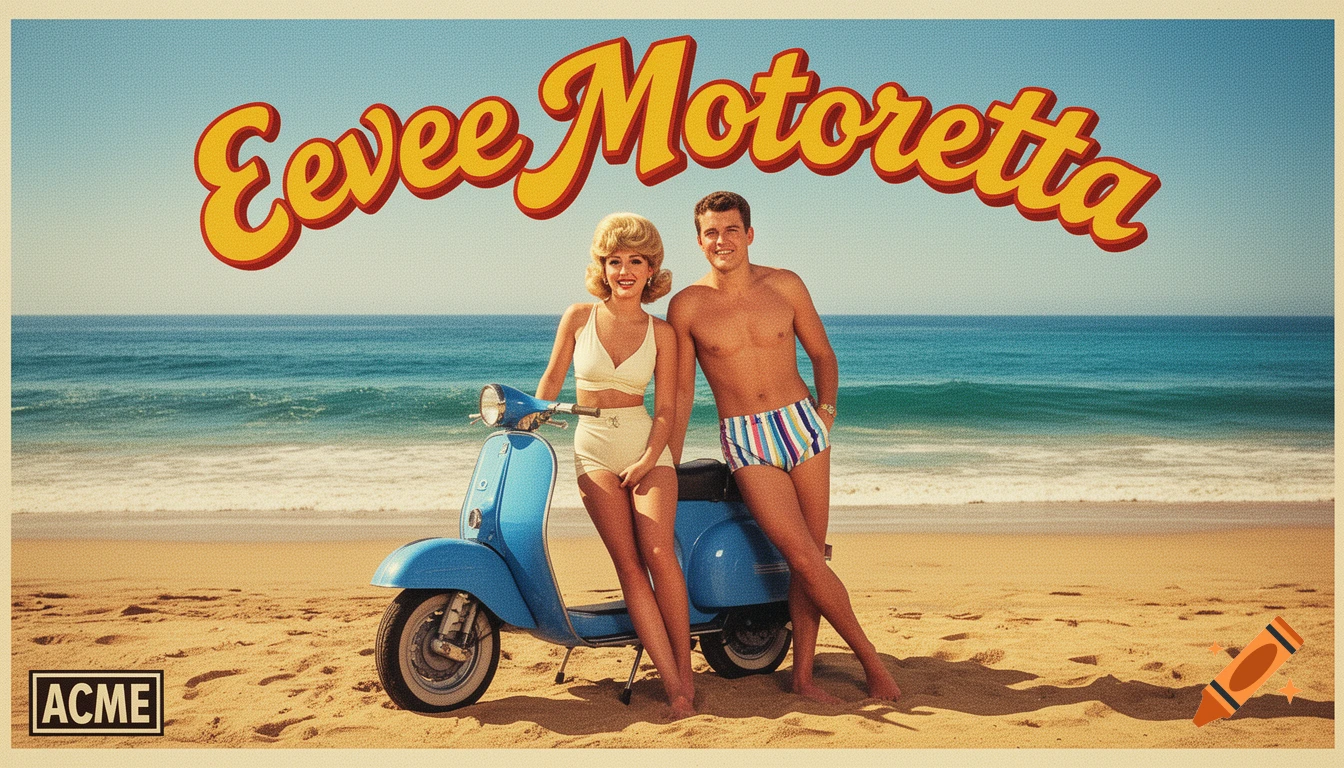 A vintage 1960s style advertisement shows a smiling couple in beachwear by a blue scooter on a sunny beach, with "Eevee Motoretta" text above.