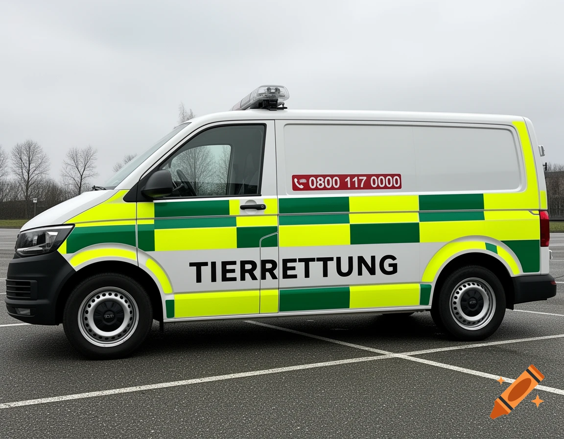 White animal rescue van with green and yellow checkerboard markings, text 'TIERRETTUNG', and phone number '0800 117 0000', parked on asphalt.