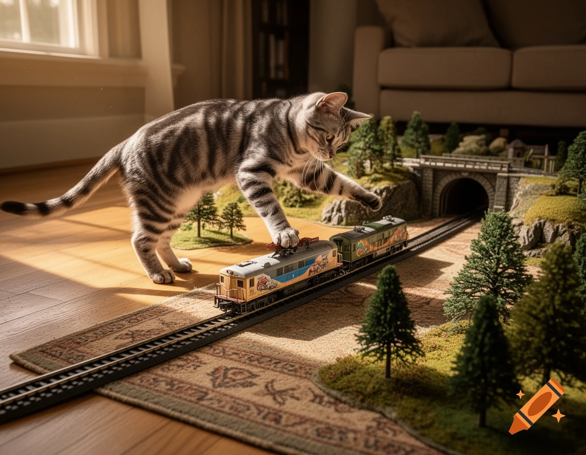 A tabby cat steps on a model train set with miniature trees and a tunnel, lit by natural light indoors.