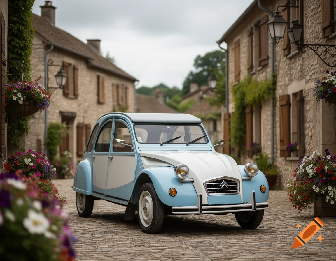 Light blue and white vintage Citroën 2CV car on a cobblestone street in a European village, photorealistic.
