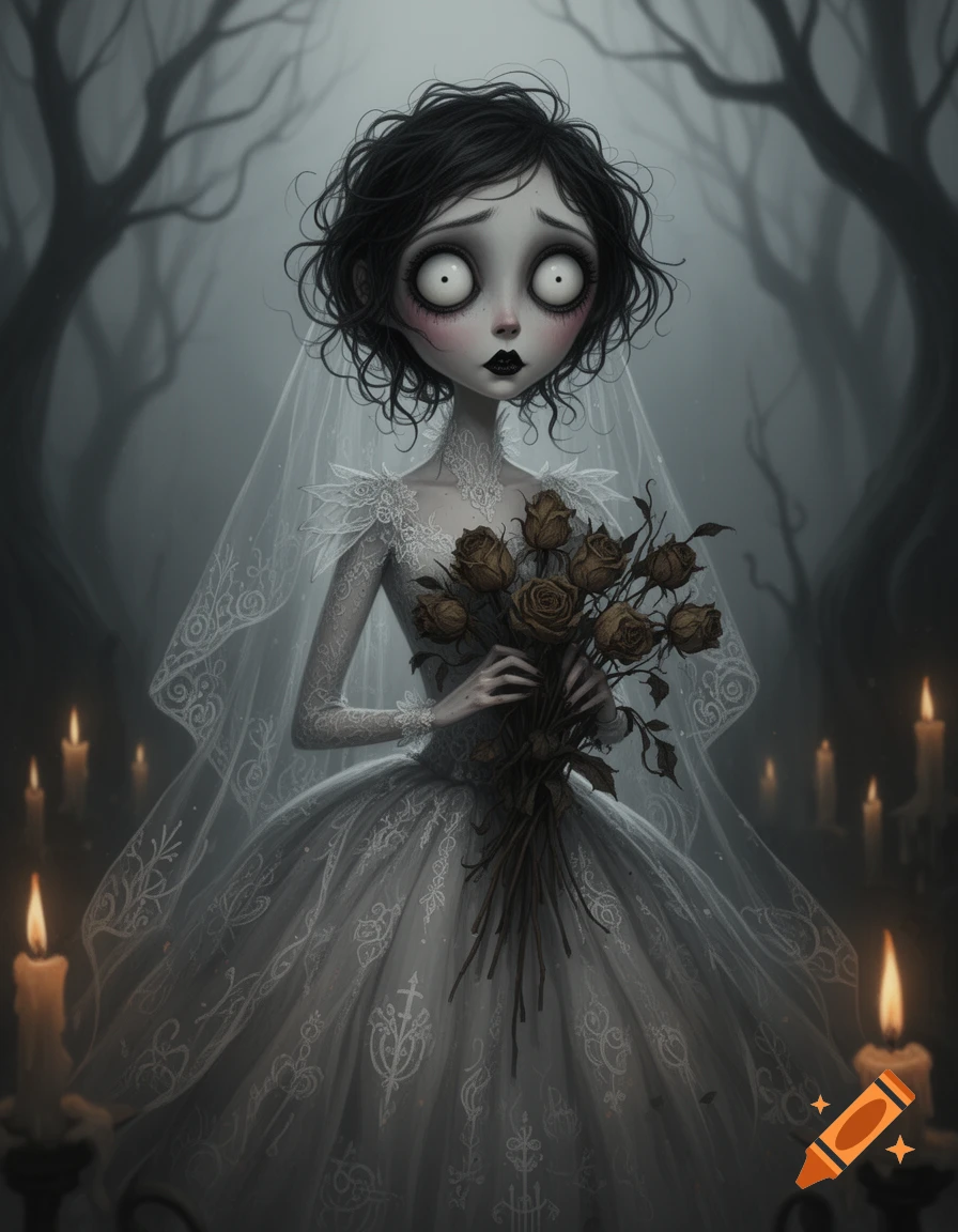 A Tim Burton-style Corpse Bride character with big eyes in a wedding dress, holding dead roses in a misty, candlelit forest.