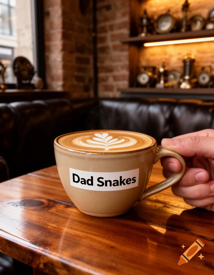 A hand holds a coffee cup with 'Dad Snakes' written on it, featuring latte art, in a cozy cafe setting.