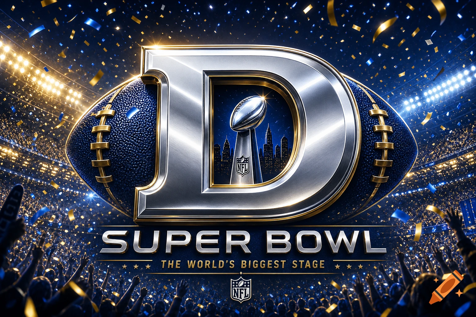A metallic 'D' logo and football against a stadium backdrop with 'SUPER BOWL' text and confetti.