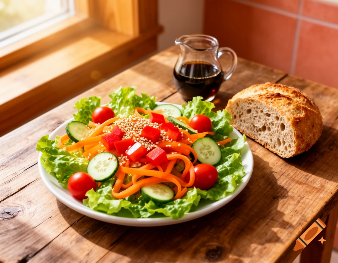 Fresh salad with tomatoes, cucumber, carrots, and bell peppers, alongside bread and dressing on a sunlit wooden table.
