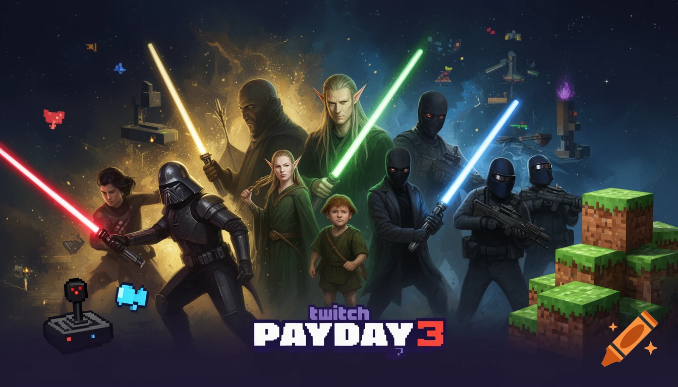 A collage of video game and fantasy characters, including Star Wars figures, elves, Payday 3 robbers, and a hobbit, set against a space background with Minecraft blocks and retro gaming elements. The words 'twitch PAYDAY3' are at the bottom.