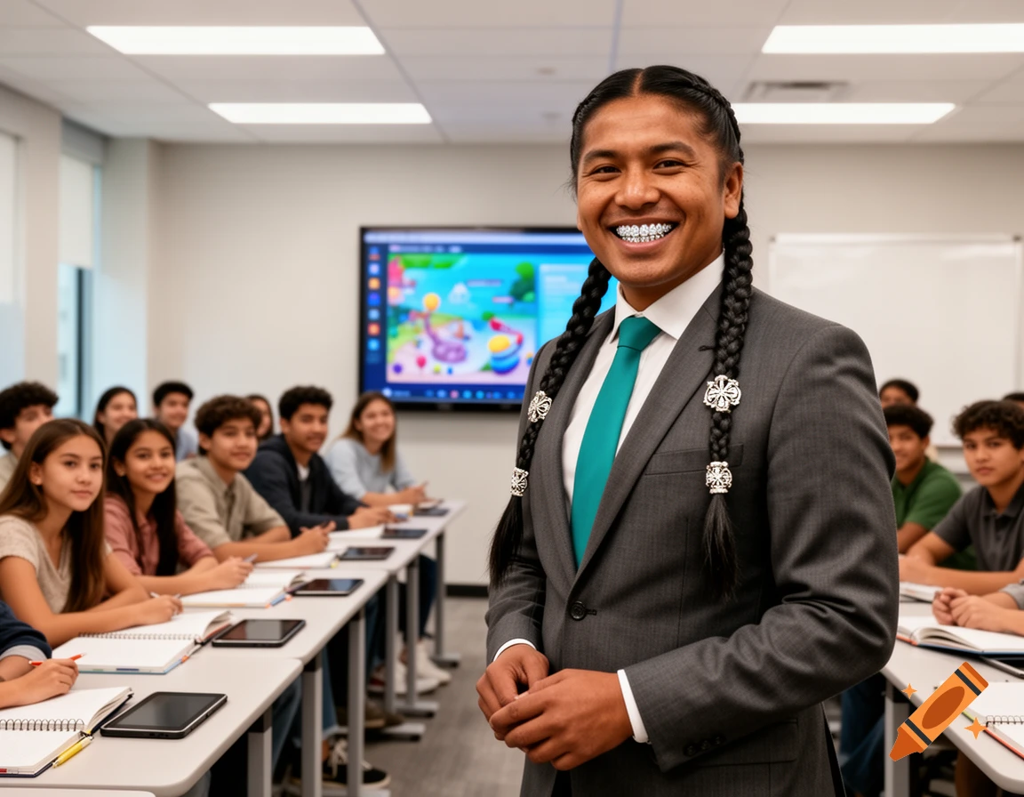 An indigenous man with two braids and diamond grill teeth smiles while teaching a class of students.
