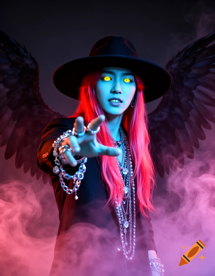 A character with blue skin, glowing yellow eyes, sharp teeth, pink hair, and dark wings, wearing a hat and jewelry, reaching forward amidst pink and purple mist.