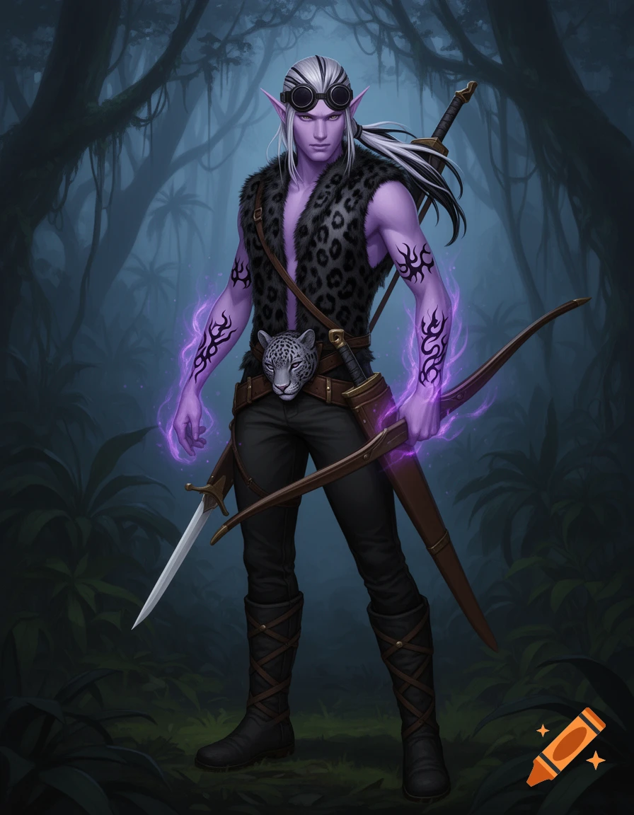 Full-body portrait of a purple-skinned male Drow hunter with white hair, goggles, and a leopard-print vest, holding a bow and shortswords, in a moody jungle. Fantasy art style.