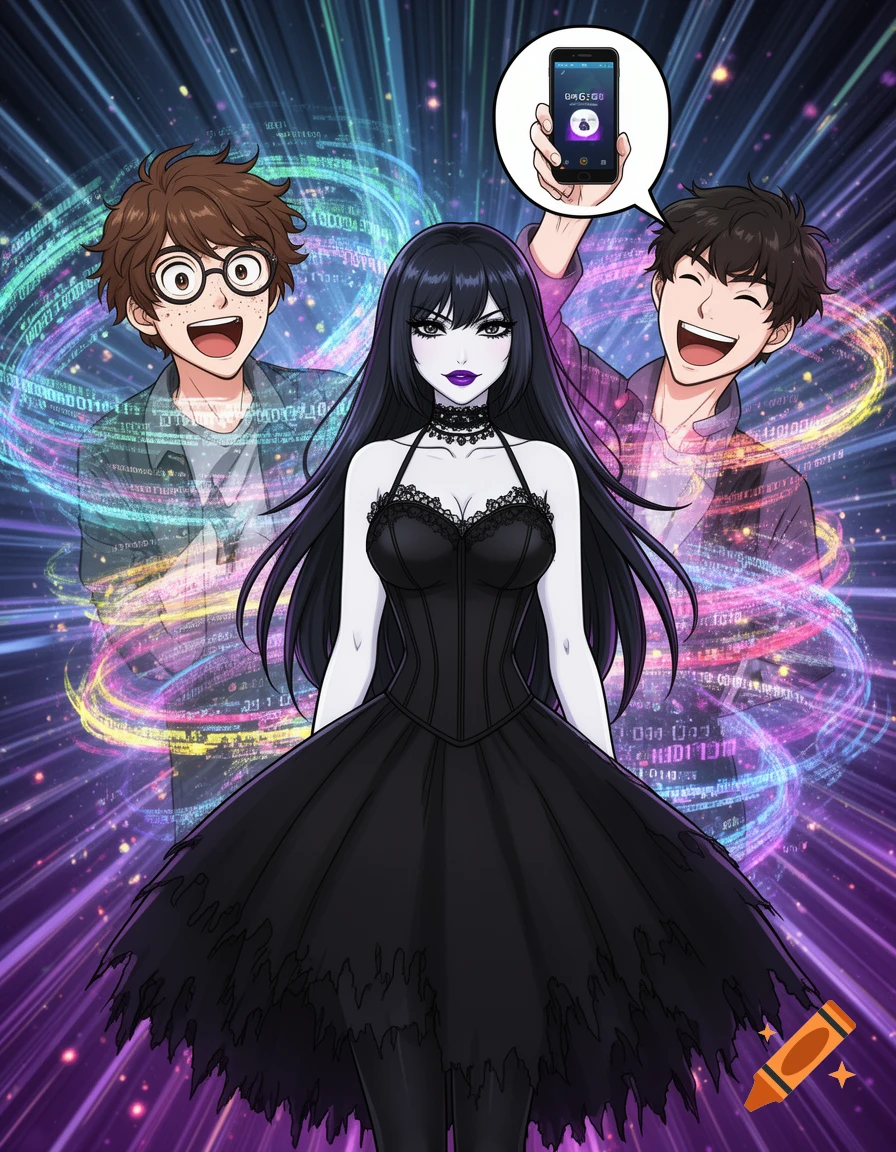 Anime illustration of a goth girl standing between two smiling guys, one holding a phone with an app above her head.