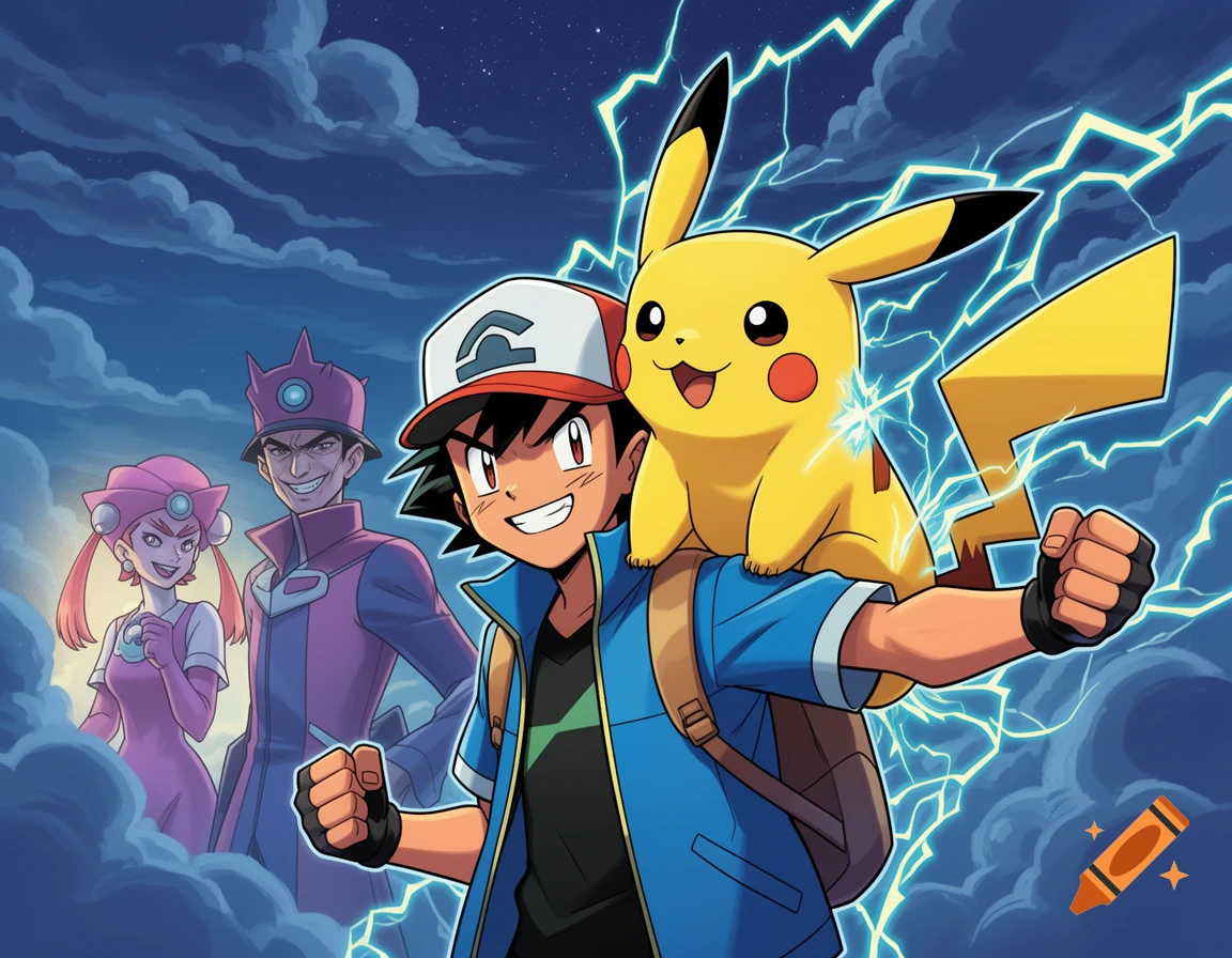 Ash smiles with Pikachu on his shoulder, as Jessie and James smirk in the stormy, lightning-filled background, in a comic book style.