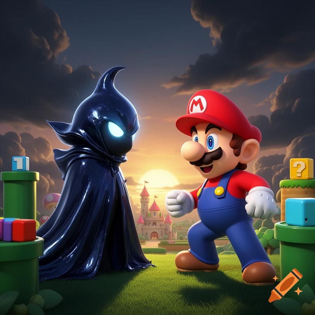 Mario confronts a dark, cloaked figure in a vibrant, 3D rendered Super Mario landscape with a pink castle and sunset.