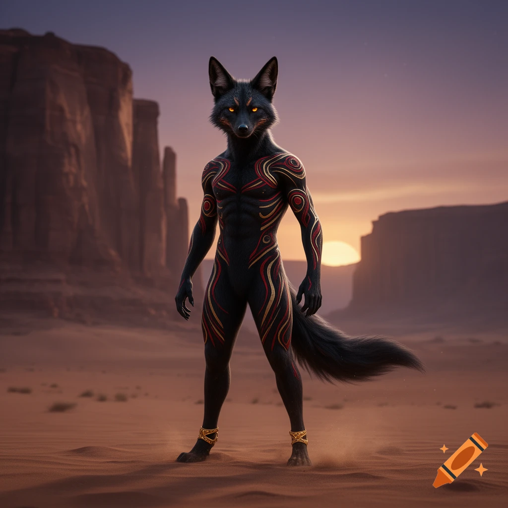 A male anthropomorphic black jackal with glowing orange eyes, red and gold markings, stands in a desert at sunset.