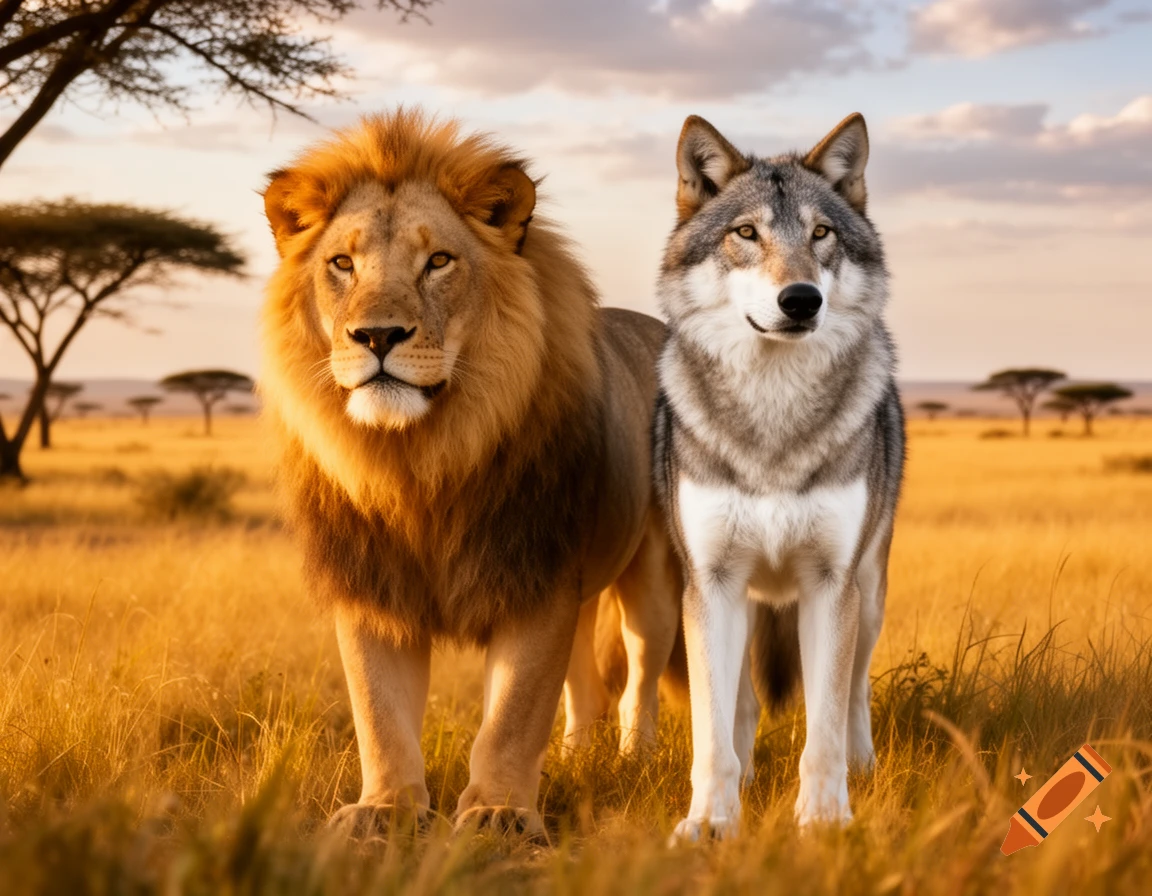 A photorealistic image of a majestic lion and a grey wolf standing side by side in a golden savanna at sunset.