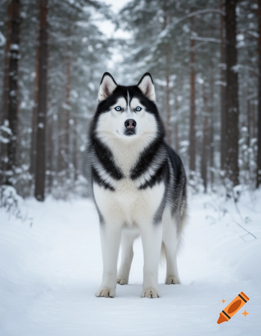 A photorealistic black and white husky with striking blue eyes stands in a snowy forest.