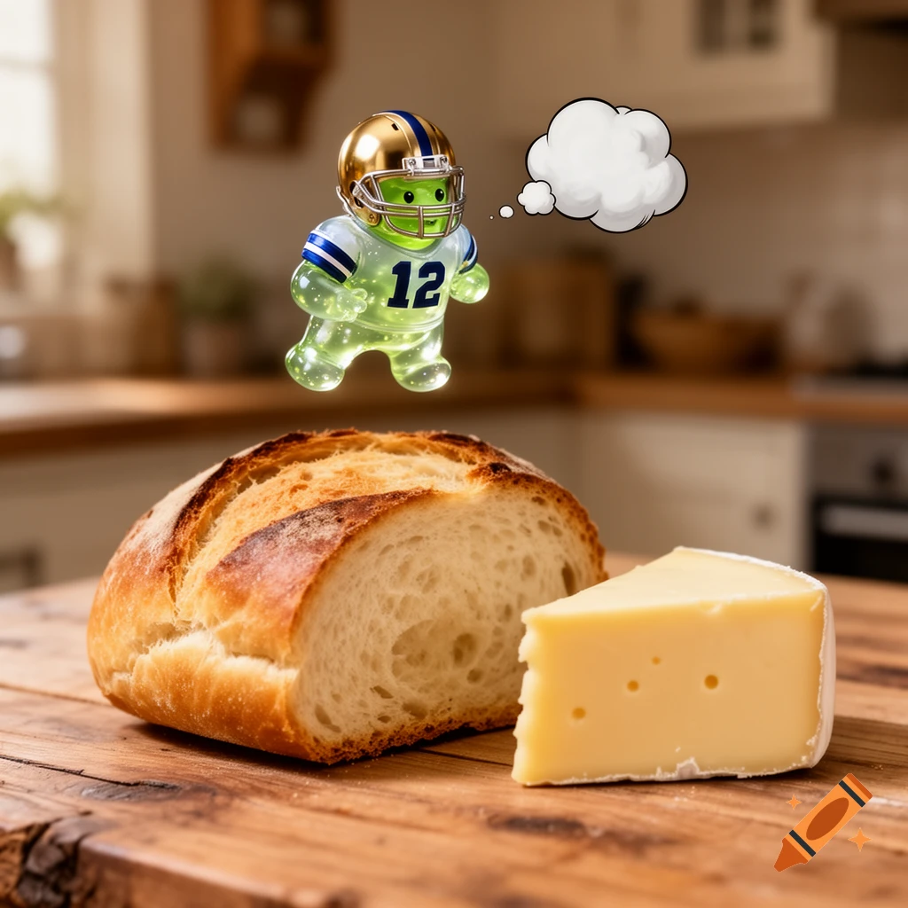 A glowing green slime football player with number 12 floats over a sliced loaf of bread and a wedge of cheese on a wooden kitchen counter, with a thought bubble above his head.