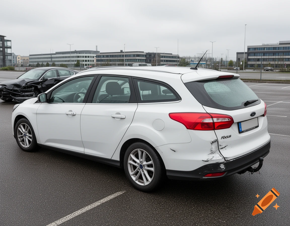 A white Ford Focus station wagon with rear-end damage, parked next to a black sedan with front-end damage in a parking lot, photorealistic.