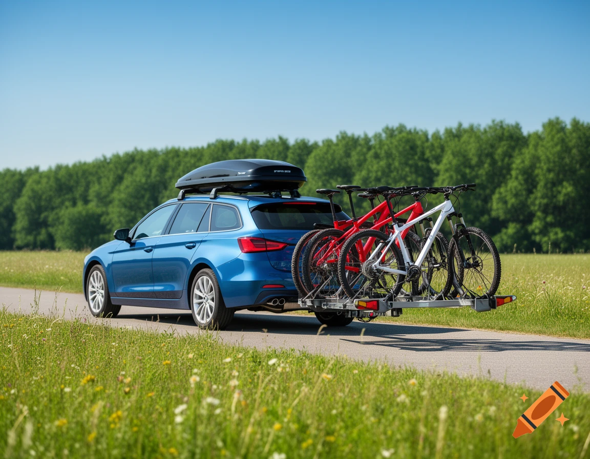 Blue station wagon with roof box and three bikes on a rear rack drives on a sunny road through a field.