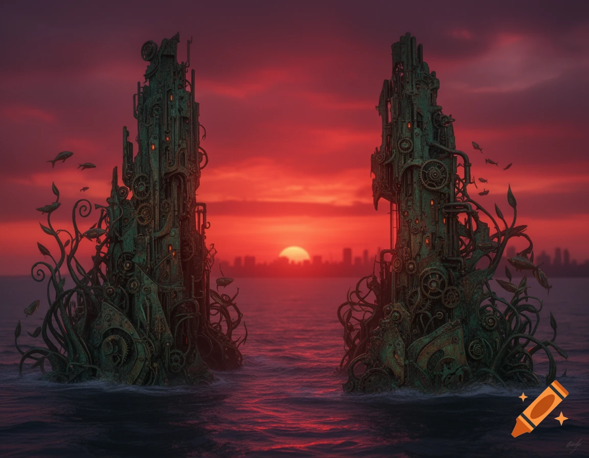 Two intricate, mechanical bronze-punk ruins rise from the ocean under a fiery red sunset with a distant city skyline.