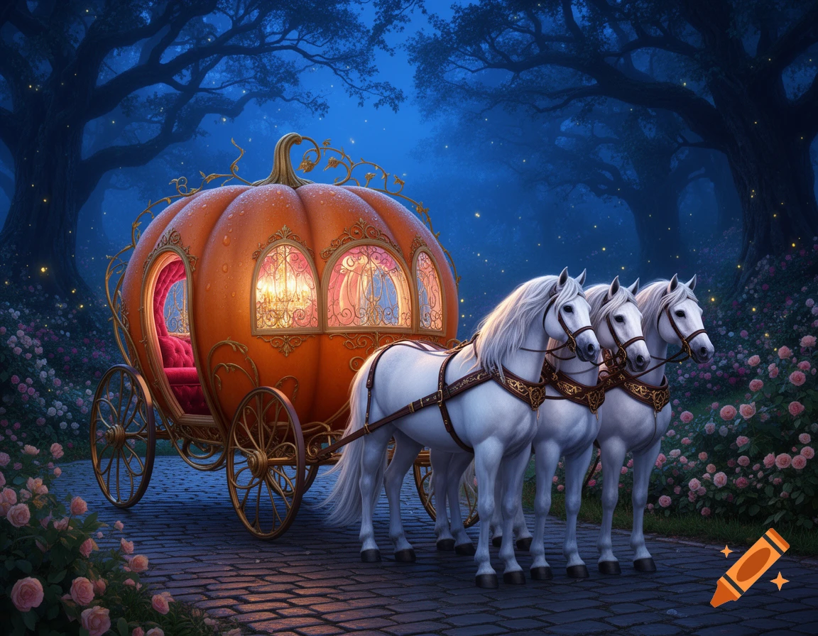 A magical pumpkin carriage pulled by three white horses on a cobblestone path in an enchanting, dark forest with sparkling lights and pink roses.