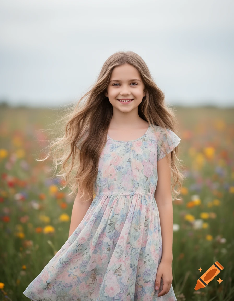 A smiling young girl with long wavy hair stands in a field of colorful wildflowers, wearing a pastel floral dress. Photorealistic.