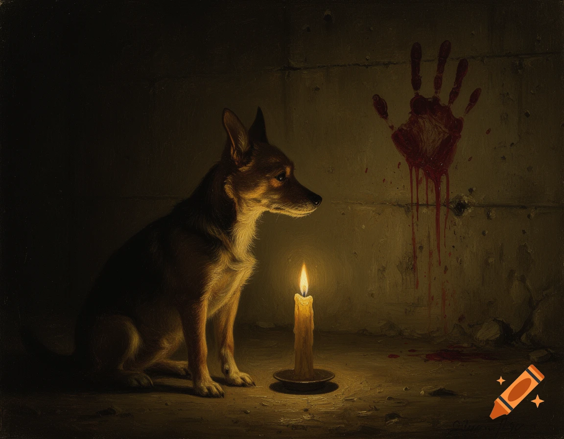 A chiaroscuro oil painting shows a dog sitting beside a flickering candle, illuminating a bloody handprint on a dark concrete wall.