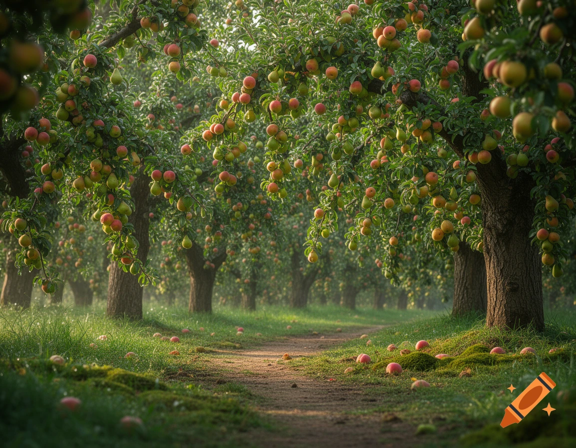 A sun-drenched path winds through a vibrant orchard, fruit trees heavy with ripe apples and pears, some fallen on mossy grass.