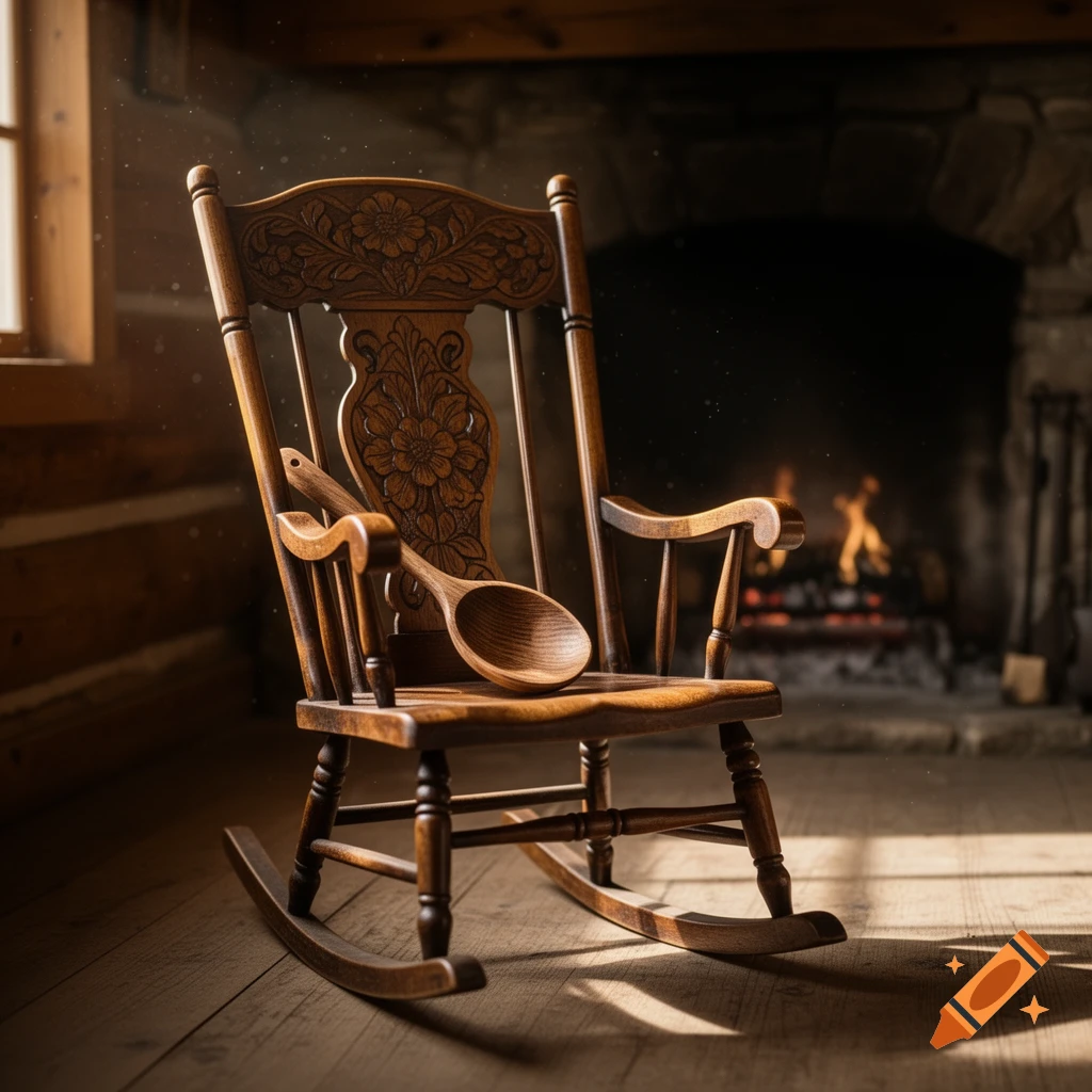 A wooden rocking chair with a carved back and a spoon on its seat, lit by sunlight, in a rustic cabin room with a fireplace.