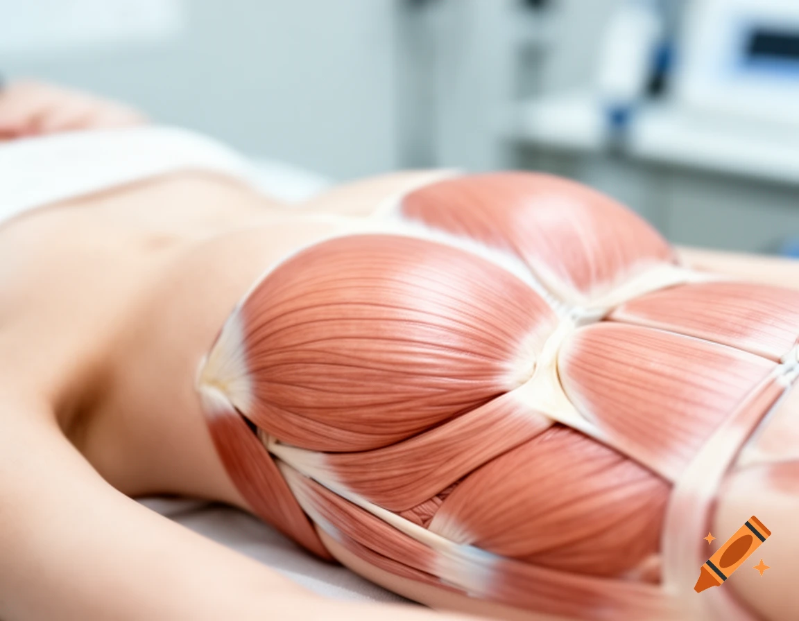 A detailed anatomical model of the human torso muscles, including the pectorals and rectus abdominis, superimposed on a person lying down in a medical setting.