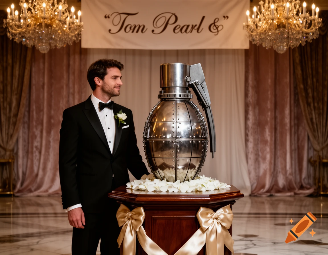 Man in a tuxedo stands beside a large, metallic, grenade-shaped object in an ornate ballroom, with a banner reading "Tom Pearl &".