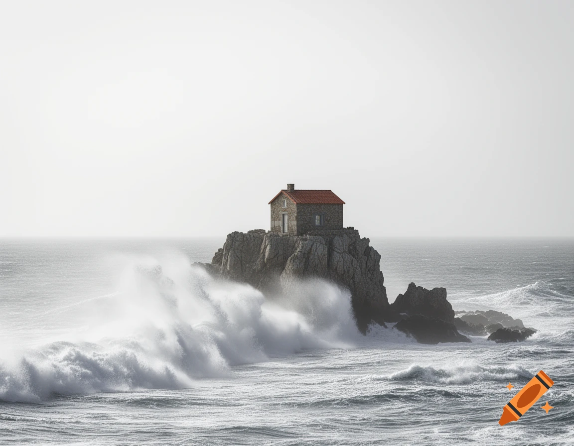 A small stone house with a red roof stands on a rocky island, surrounded by large, crashing waves in a vast, misty sea. Photorealistic.