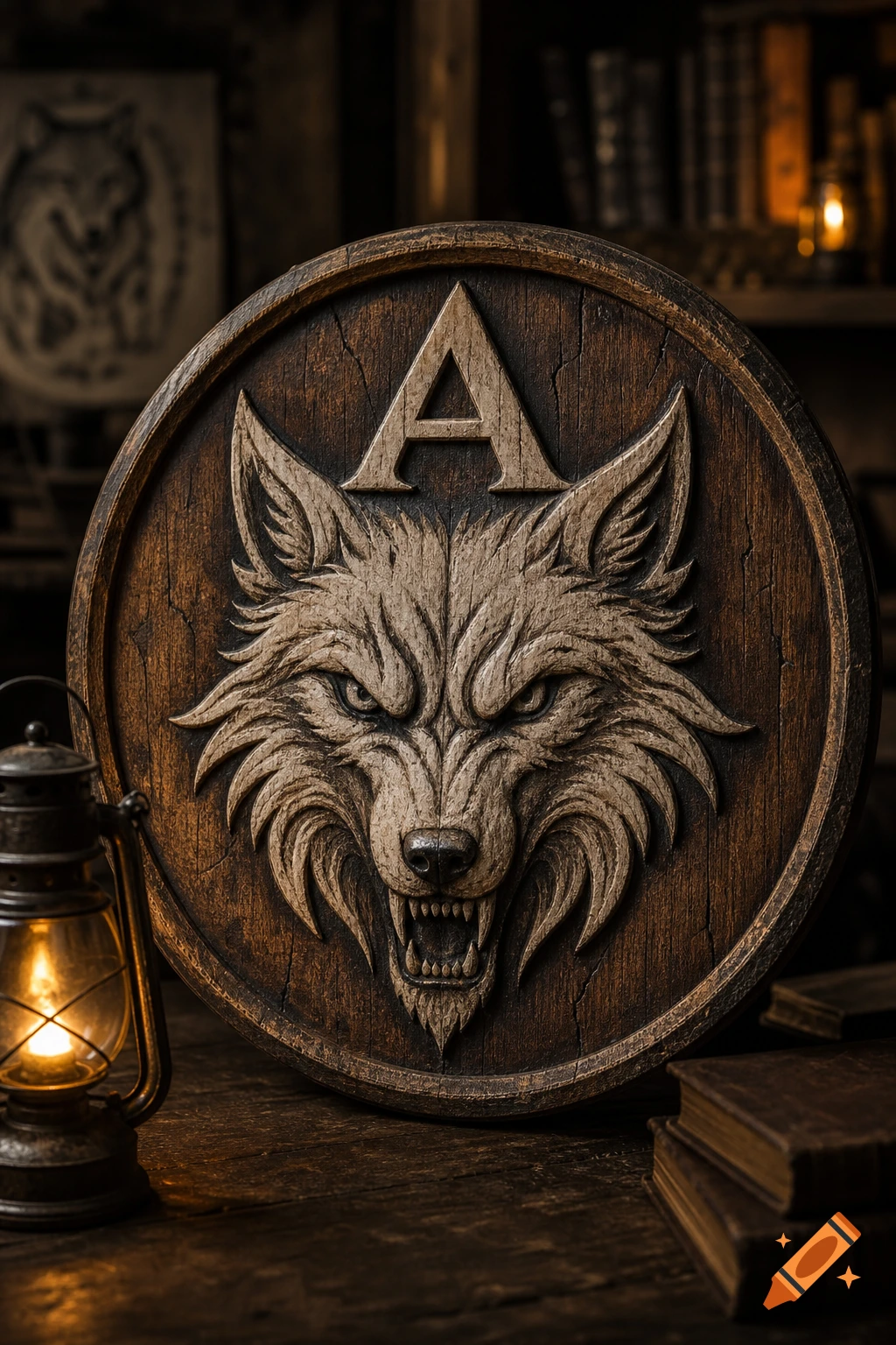 A rustic circular wooden emblem with a carved snarling wolf head and the letter A, next to a lit lantern in a dimly lit room.