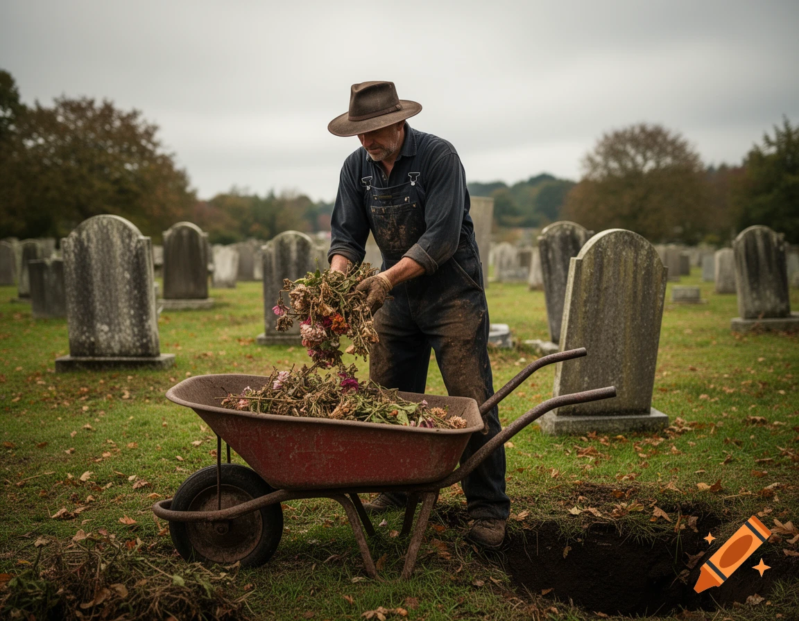 A gravedigger in a hat and overalls empties dried plants from his hands into a red wheelbarrow in a cemetery, with a fresh grave nearby. Photorealistic style.