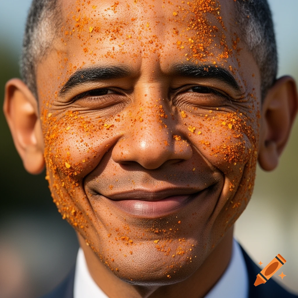 Close-up photorealistic portrait of Barack Obama smiling with his face covered in orange chip dust.