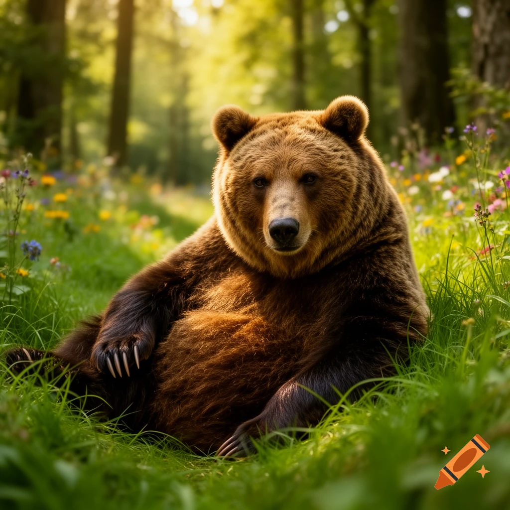 A brown bear with light fur resting in a sunlit green forest with colorful wildflowers.