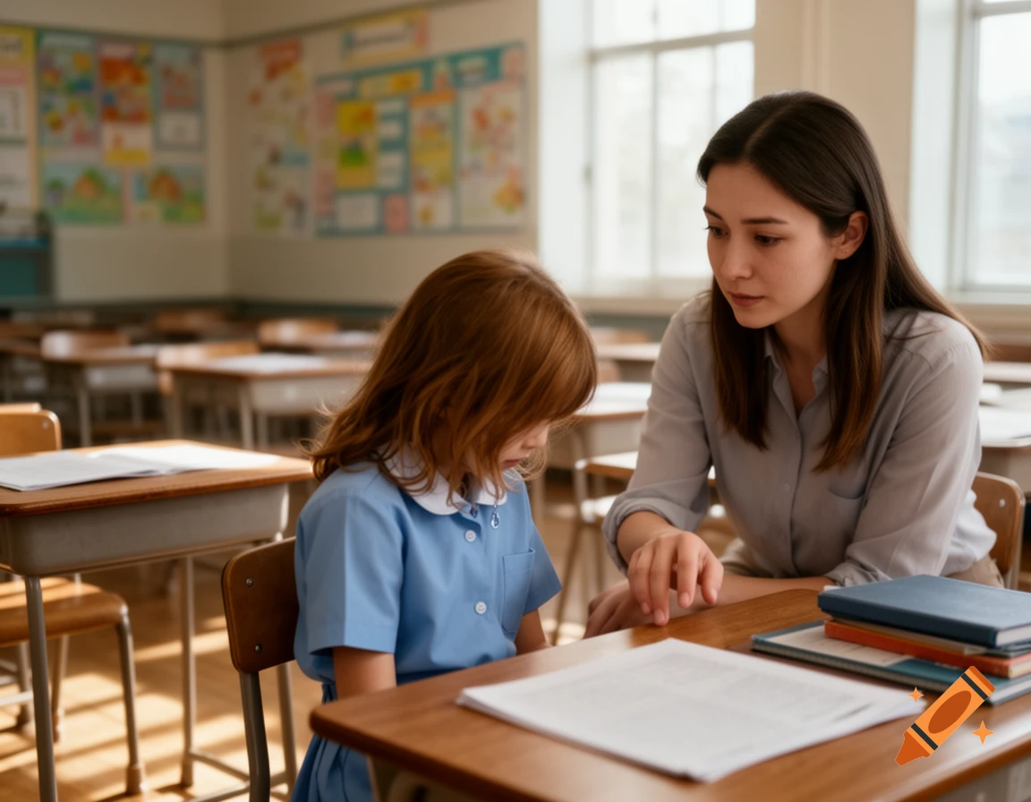 A young teacher gently comforts a sad schoolgirl sitting at a desk in a photorealistic classroom.