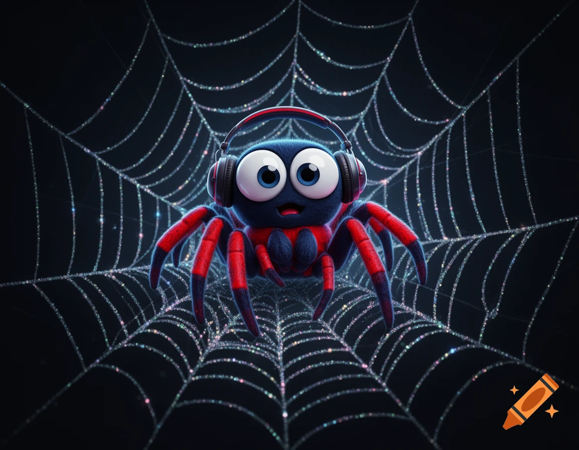 A cute cartoon spider with a dark blue body, red legs, big blue eyes, and red headphones sits on a glittering spiderweb against a dark background.