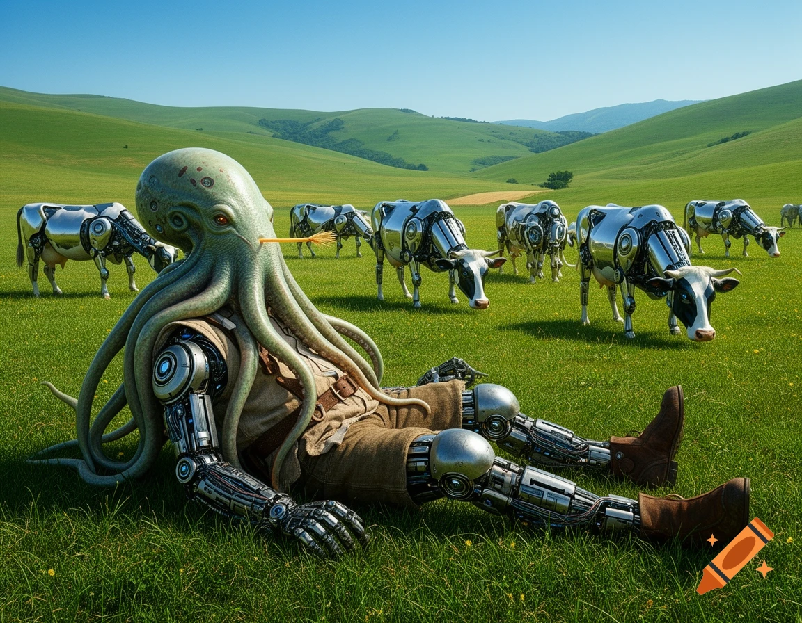 A Cthulhu-like shepherd with robotic limbs lies in a green field with a straw in his mouth, surrounded by shiny mechanical cows.