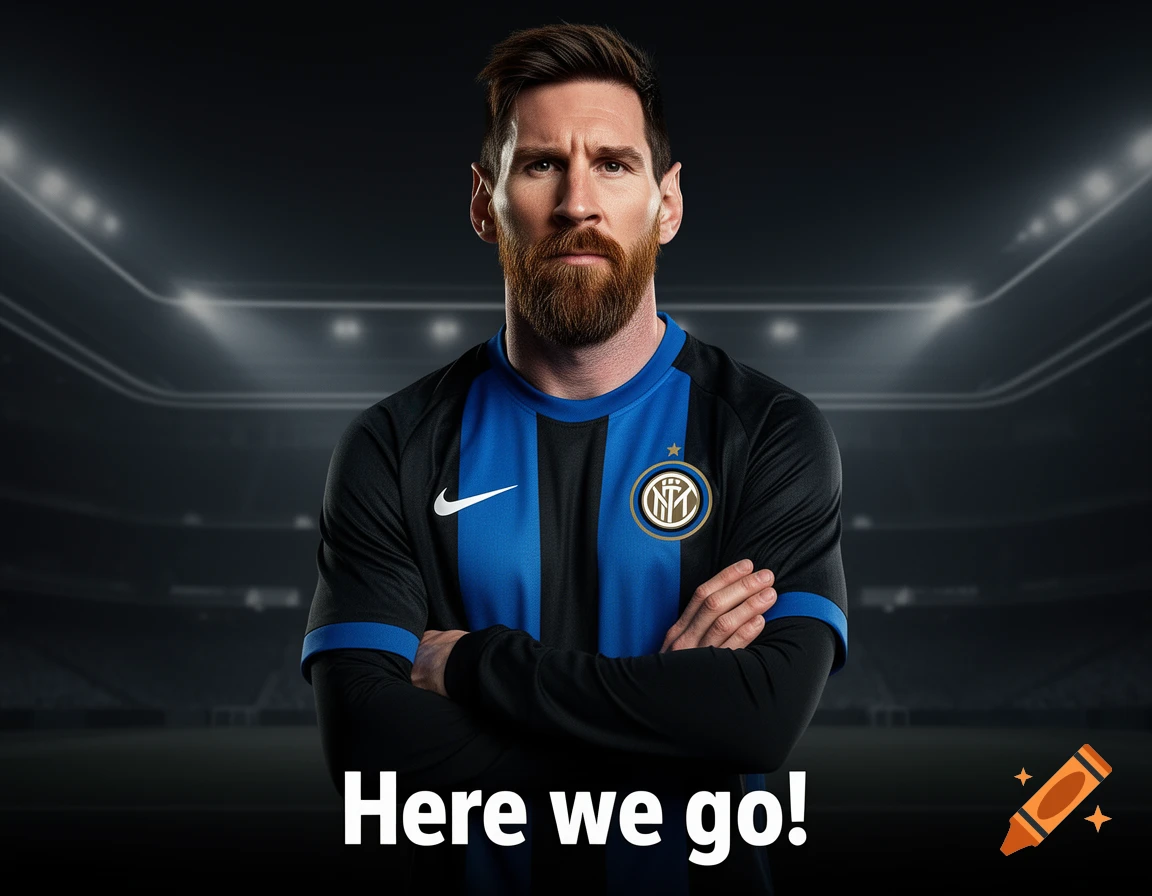 Bearded Lionel Messi in black and blue Inter Milan jersey, arms crossed, looking confidently at camera in dark stadium. Text: 'Here we go!'.