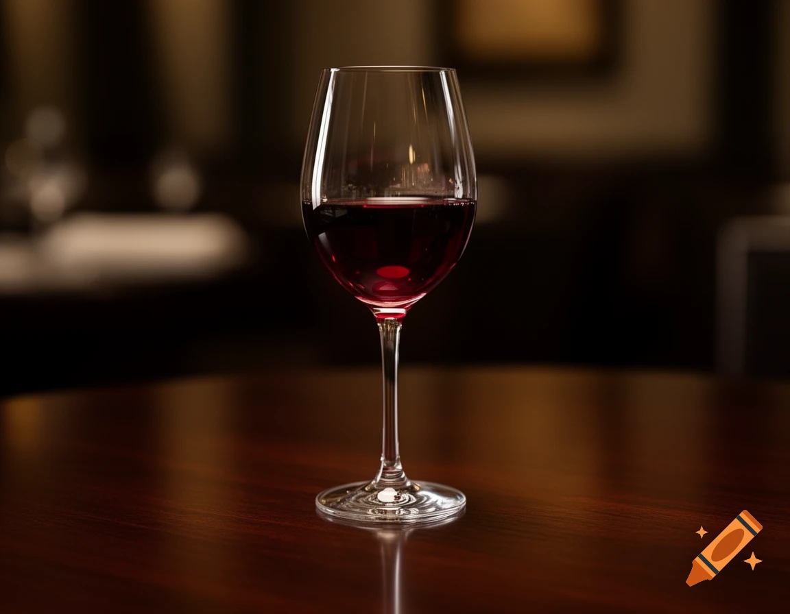 A close-up, photorealistic shot of a wine glass filled with red wine on a dark wooden table with a blurred background.