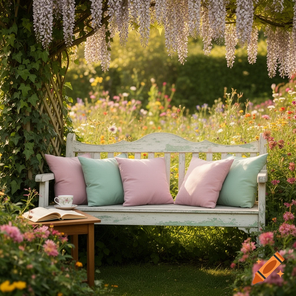 A photorealistic image of a vintage white wooden bench with pink and mint cushions under a wisteria arbor, surrounded by a vibrant wildflower garden.