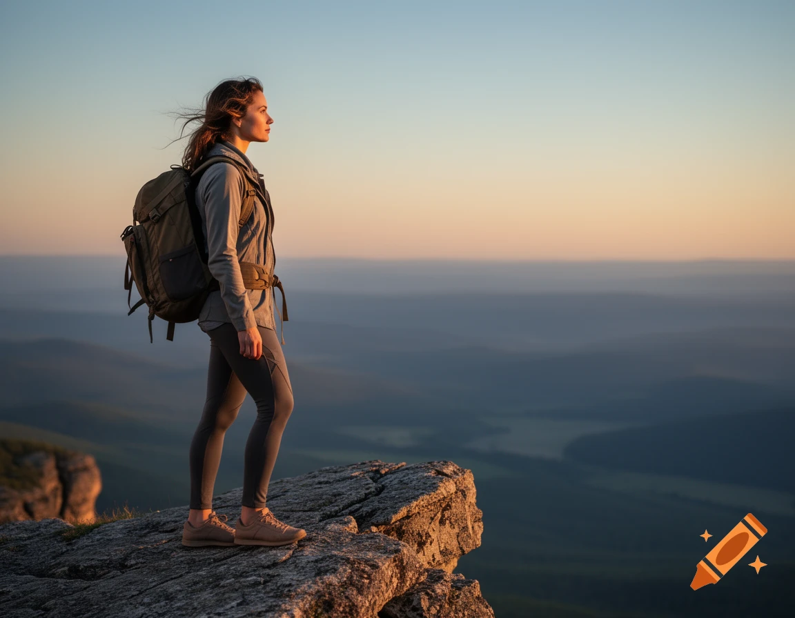 A woman with a backpack stands on a rocky cliff at sunset, gazing out at the vast, misty landscape below.