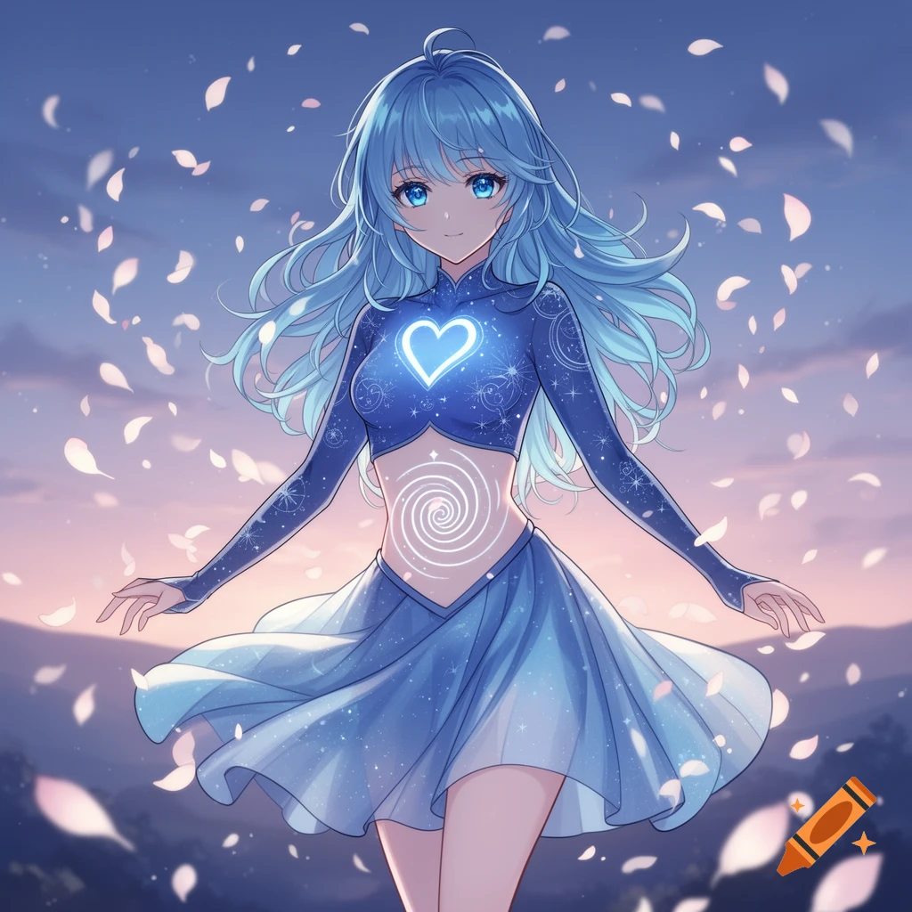 An anime girl with light blue hair and eyes, wearing a blue outfit with a glowing heart on her chest and a spiral on her belly, surrounded by falling petals.