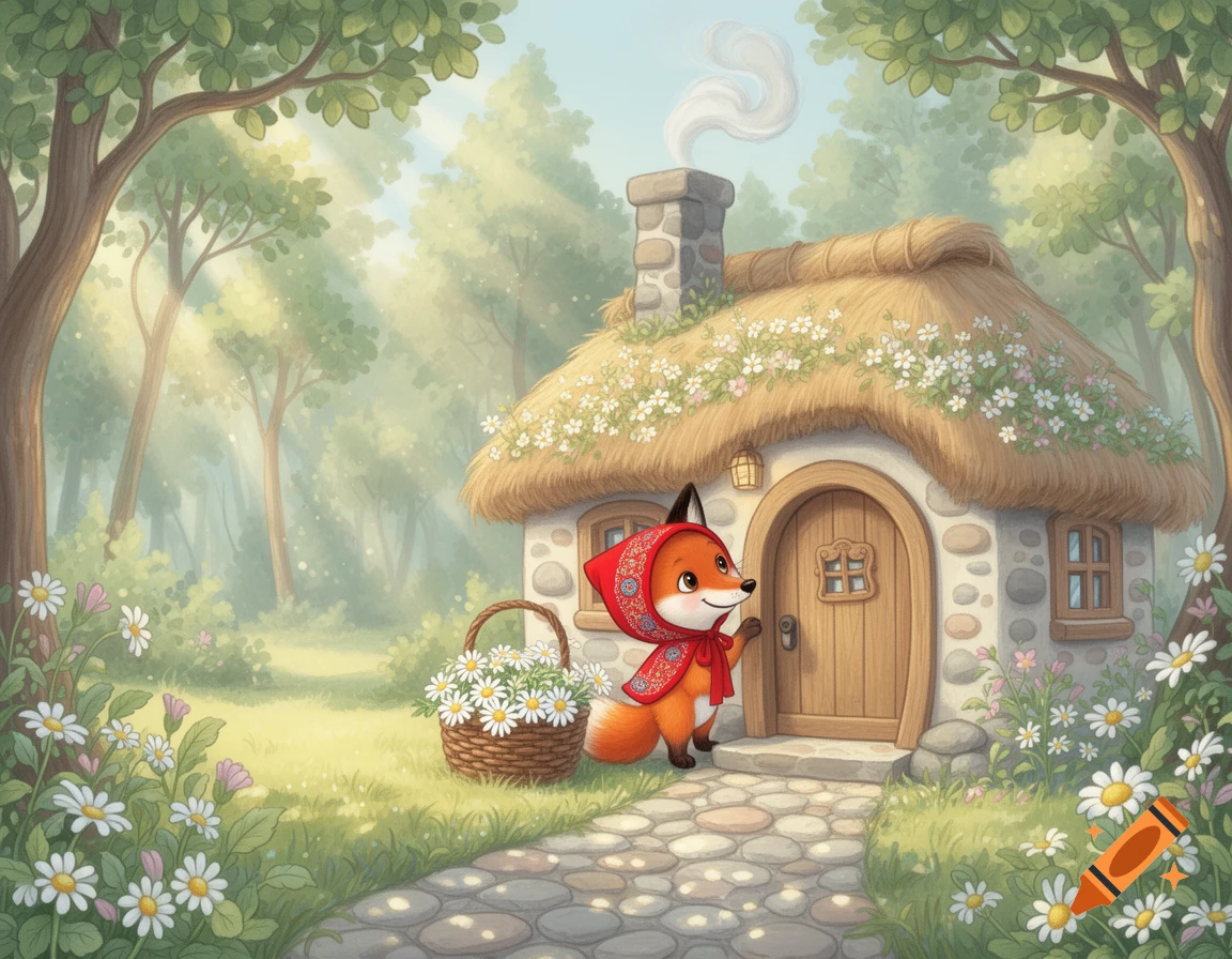 Cute fox in a red hood stands on a stone path before a thatched cottage, surrounded by a sunny forest and daisies, in a storybook style.