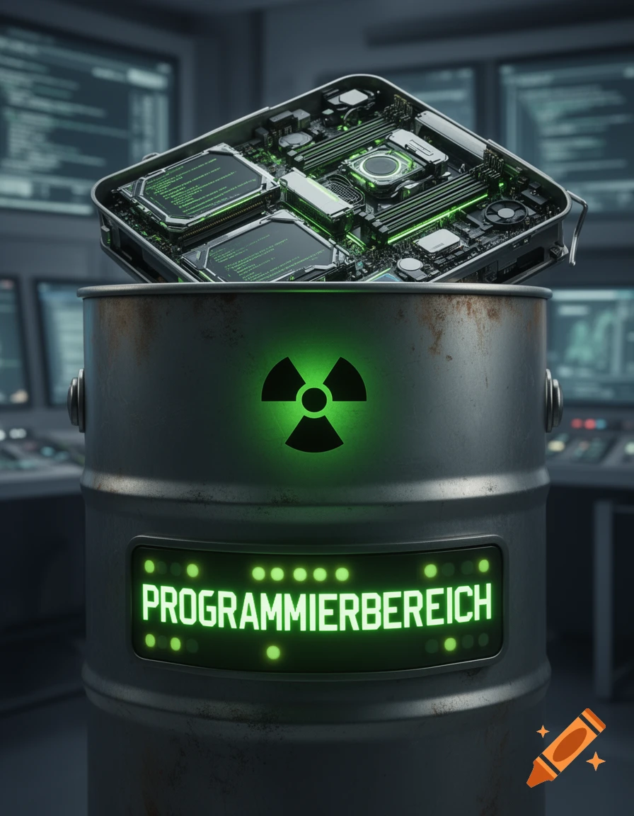 A glowing green radioactive symbol and 'PROGRAMMIERBEREICH' text are on a metal barrel topped with a futuristic motherboard in a control room.