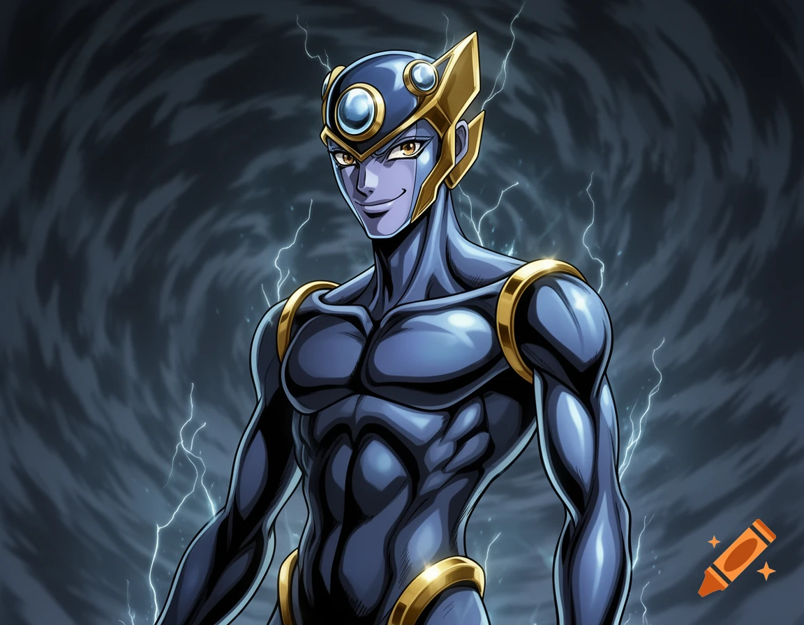 An anime-style male character in a blue, form-fitting suit with gold accents and a helmet-like headpiece, standing amidst lightning.